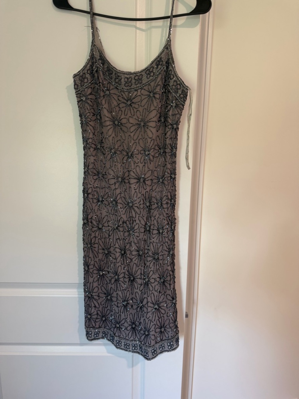 Beaded Floral Slip Dress - Gray